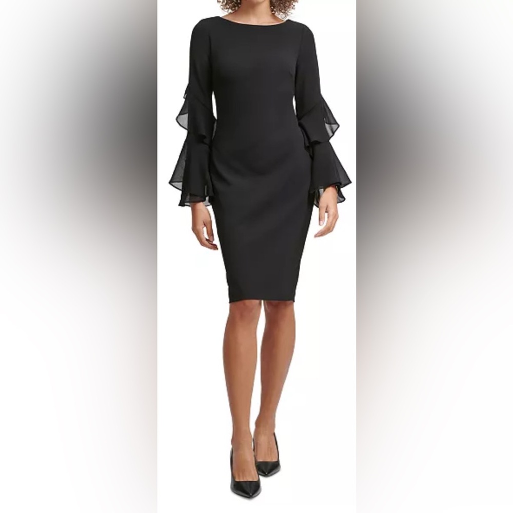 Calvin Klein Solid Sheath Chiffon Bell Sleeves Dr… - image 1